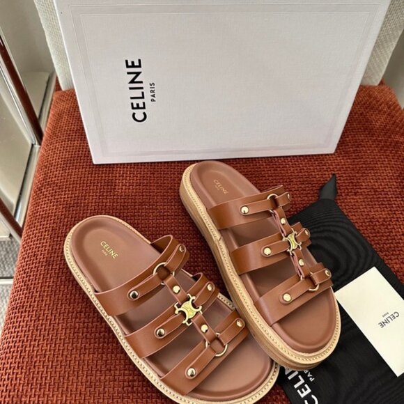 Celine Brown Leather Sandals with Gold Accents - Picture 4 of 6